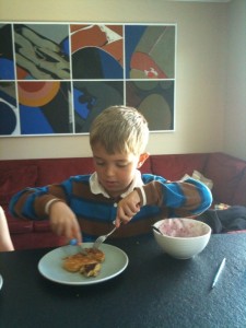 Ben pancakes Ben practicing his cutlery skills on actual food